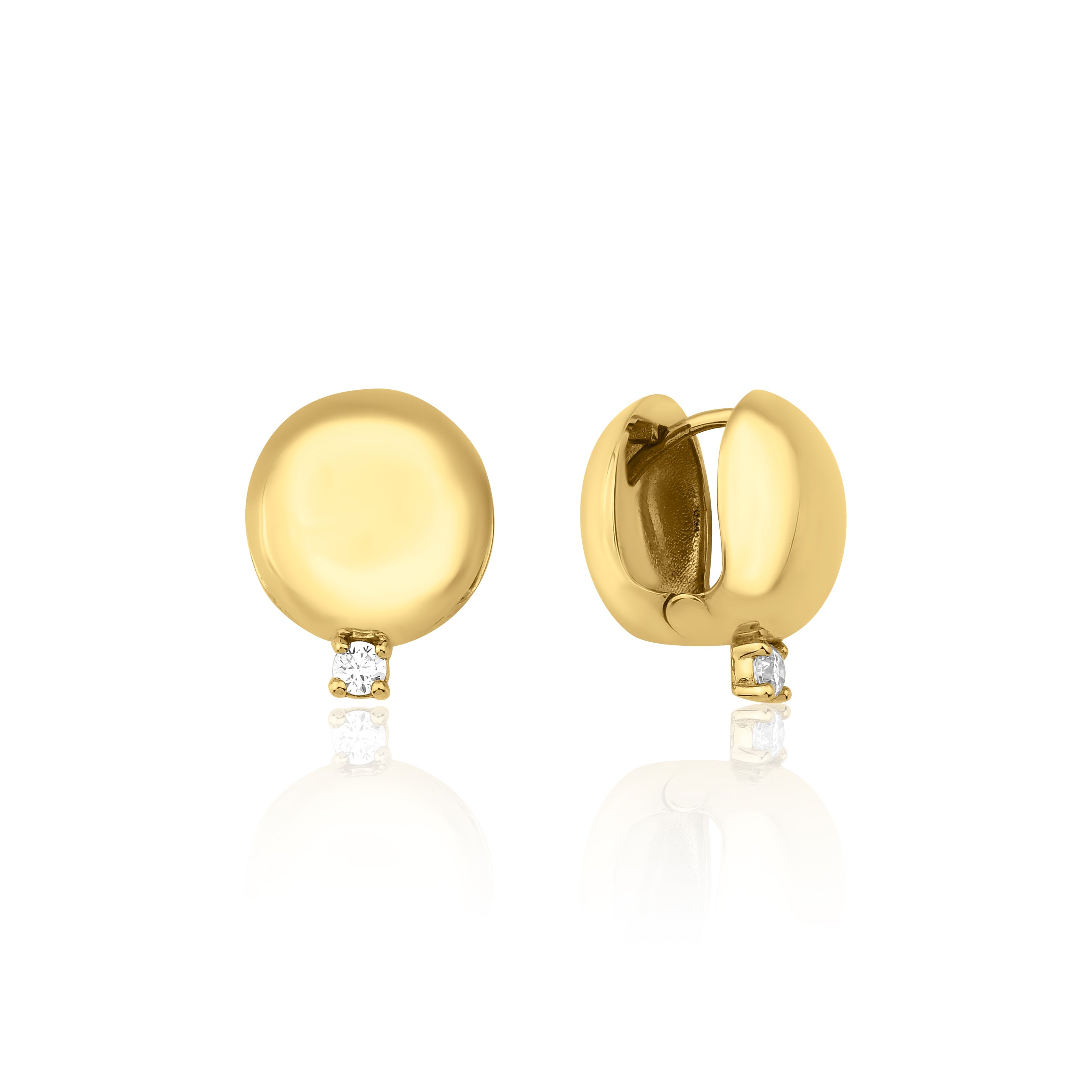 yellow gold polished dome huggie hoop earrings with a single clear stone on white background