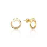 yellow gold open hoop stud earrings with pave clear stones on white background
