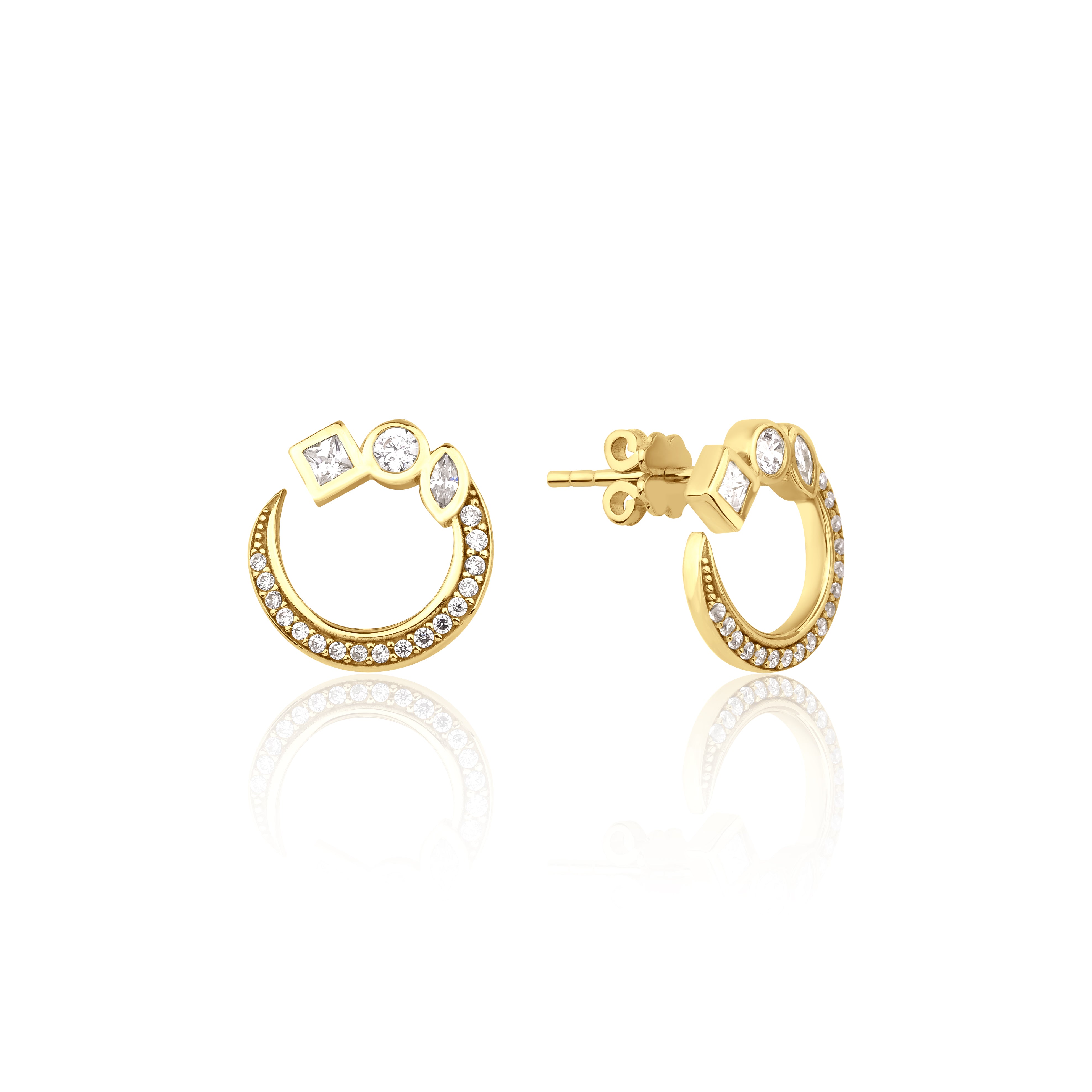 yellow gold open hoop stud earrings with pave clear stones on white background