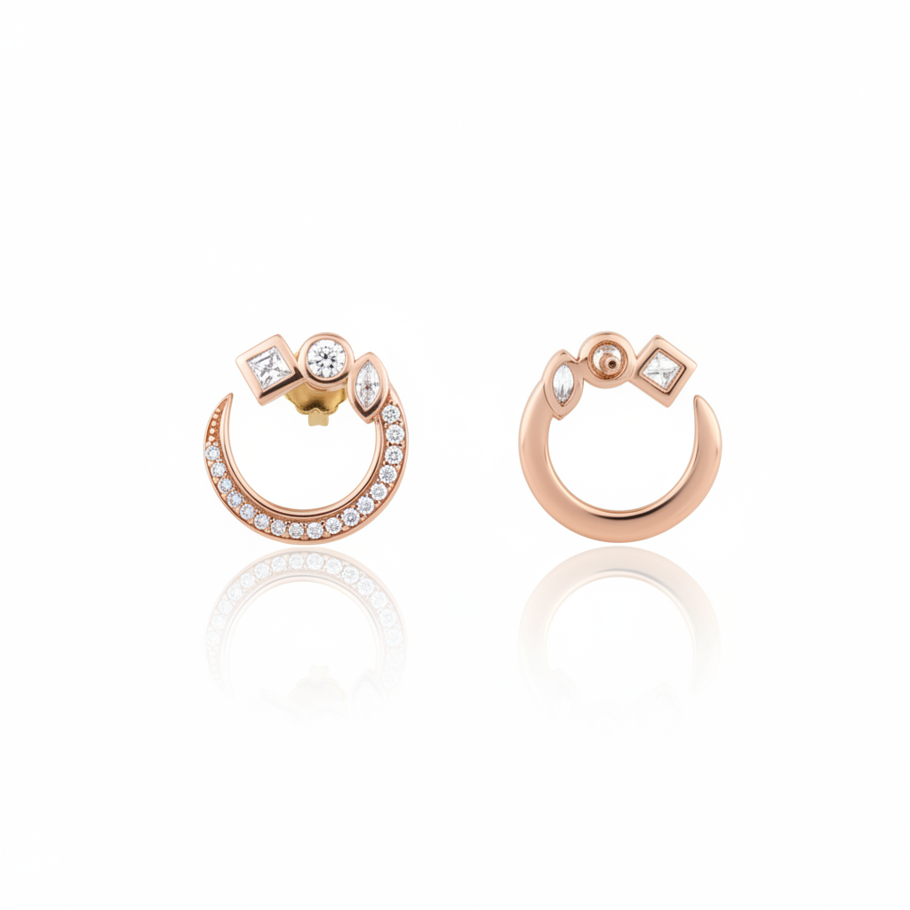 rose gold open hoop stud earrings with pave clear stones on white background
