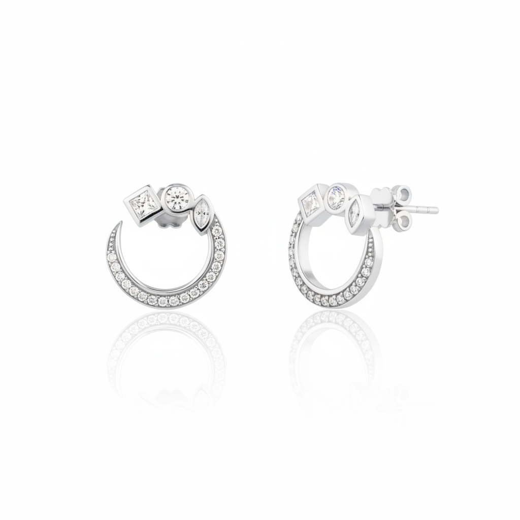 white gold open hoop stud earrings with pave clear stones on white background