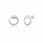 white gold open hoop stud earrings with pave clear stones on white background