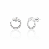 white gold open hoop stud earrings with pave clear stones on white background