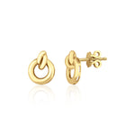 yellow gold interlocking open circle stud earrings on white background