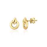 yellow gold interlocking open circle stud earrings on white background