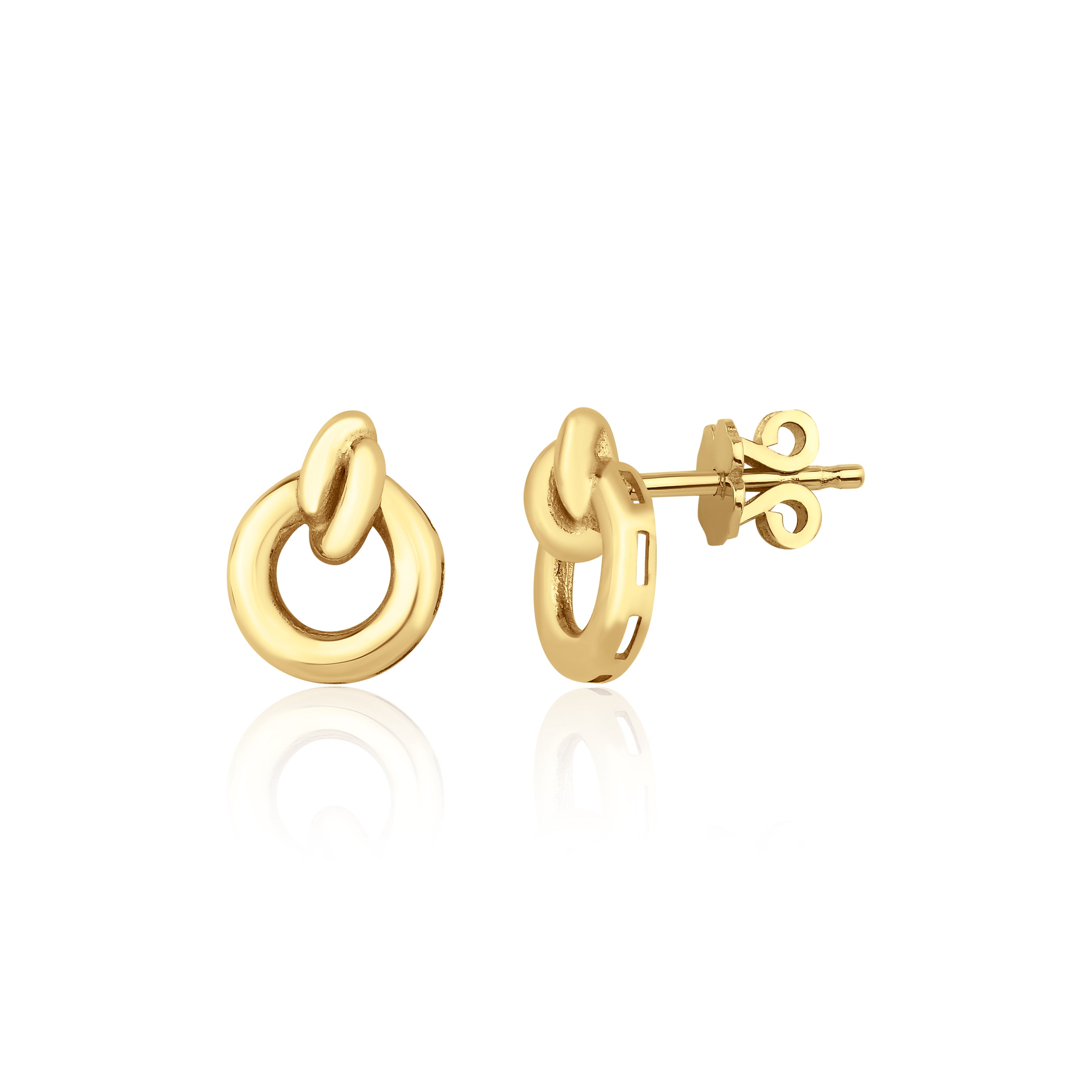 yellow gold interlocking open circle stud earrings on white background