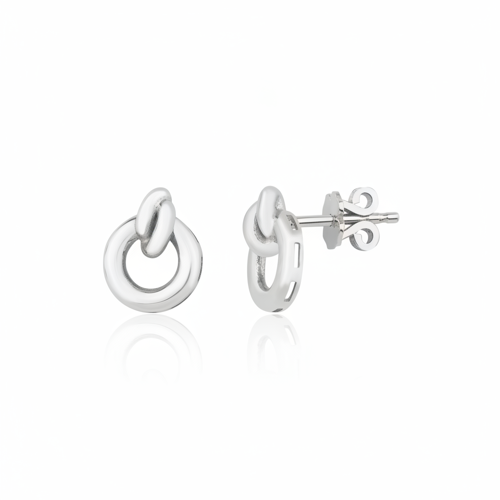 white gold interlocking open circle stud earrings on white background