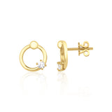 yellow gold open ring stud earrings with a single clear stone on white background