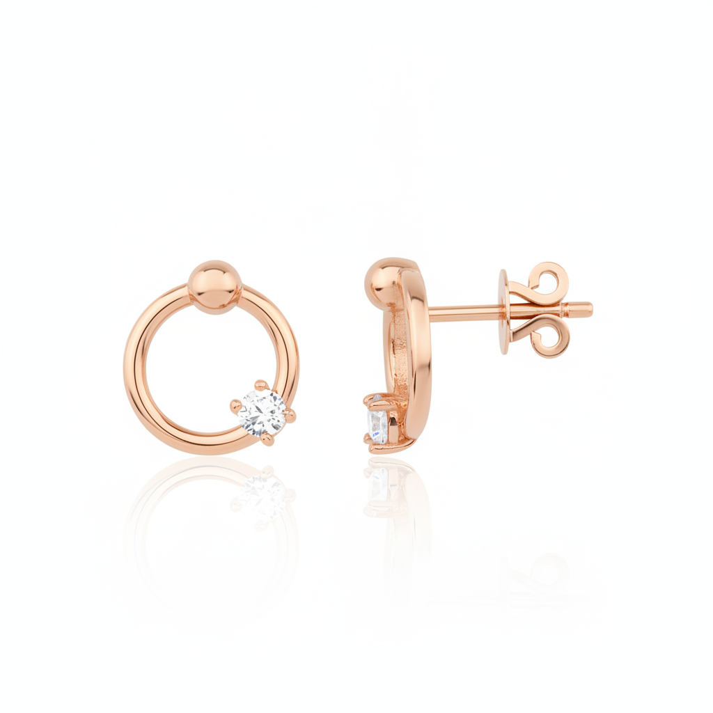 rose gold open ring stud earrings with a single clear stone on white background