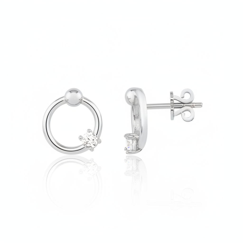 white gold open ring stud earrings with a single clear stone on white background