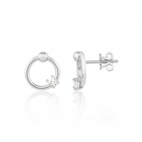 white gold open ring stud earrings with a single clear stone on white background
