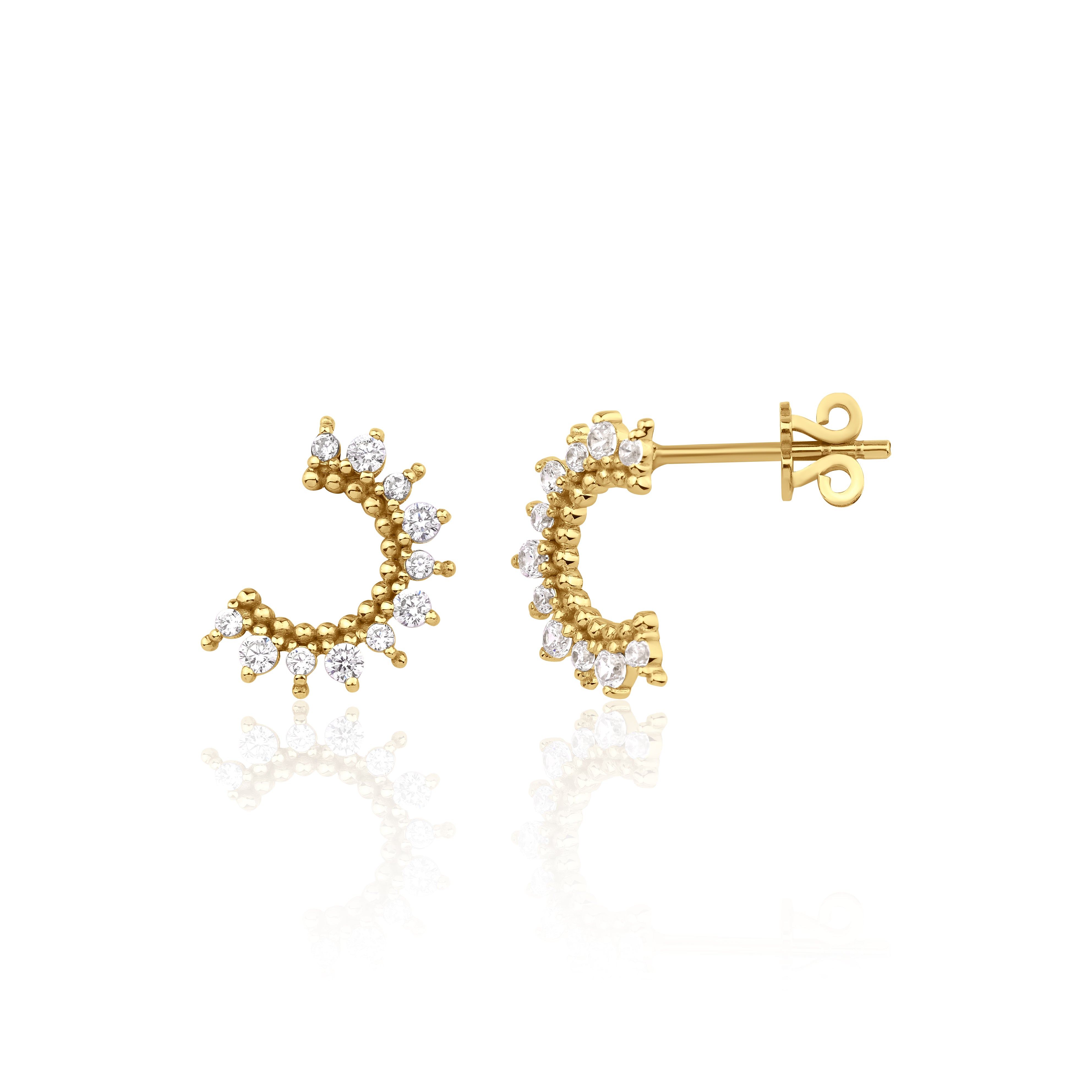 yellow gold crescent stud earrings with clear stones on white background