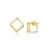yellow gold open cubic stud earrings with clear stones on white background