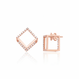 rose gold open cubic stud earrings with clear stones on white background