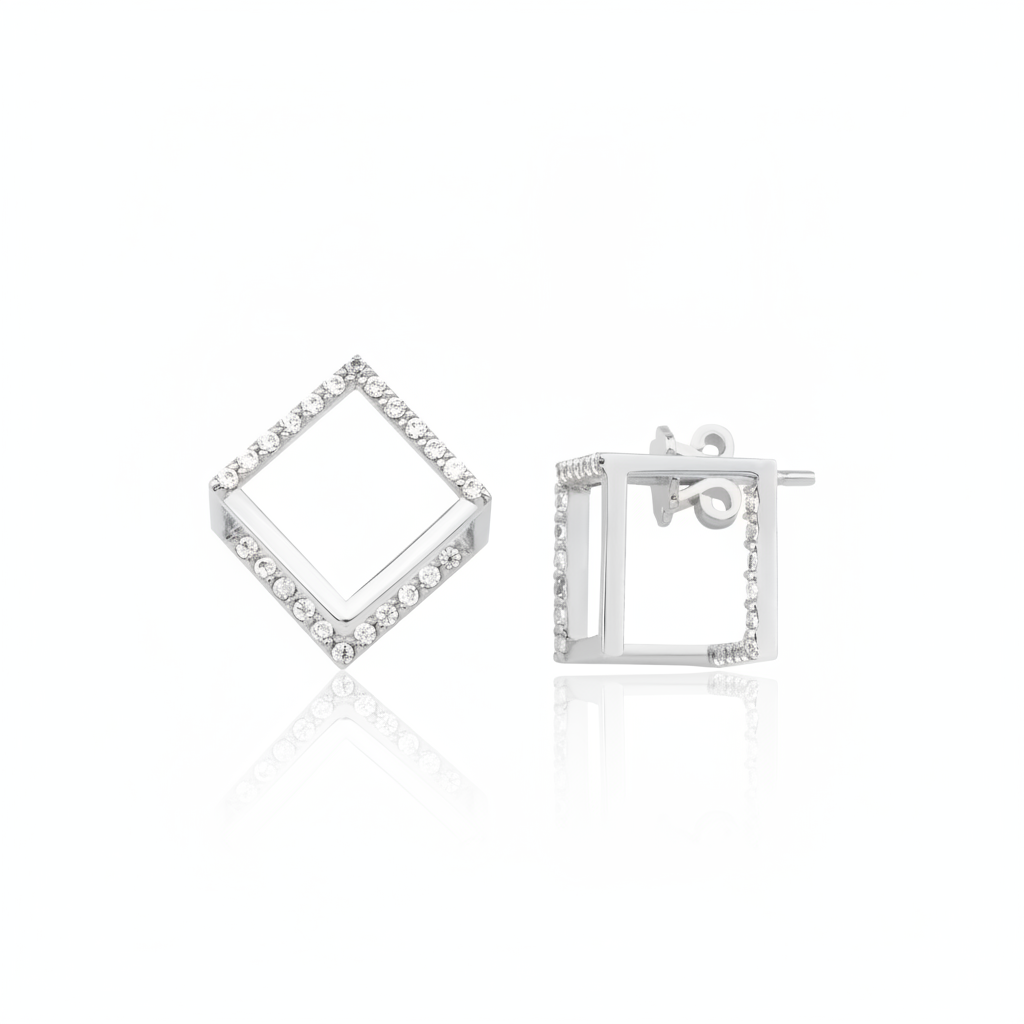 white gold open cubic stud earrings with clear stones on white background