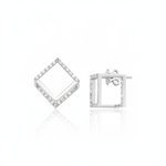 white gold open cubic stud earrings with clear stones on white background