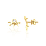 yellow gold sunburst stud earrings with a bezel-set clear stone on white background