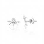 white gold sunburst stud earrings with a bezel-set clear stone on white background