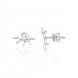 white gold sunburst stud earrings with a bezel-set clear stone on white background