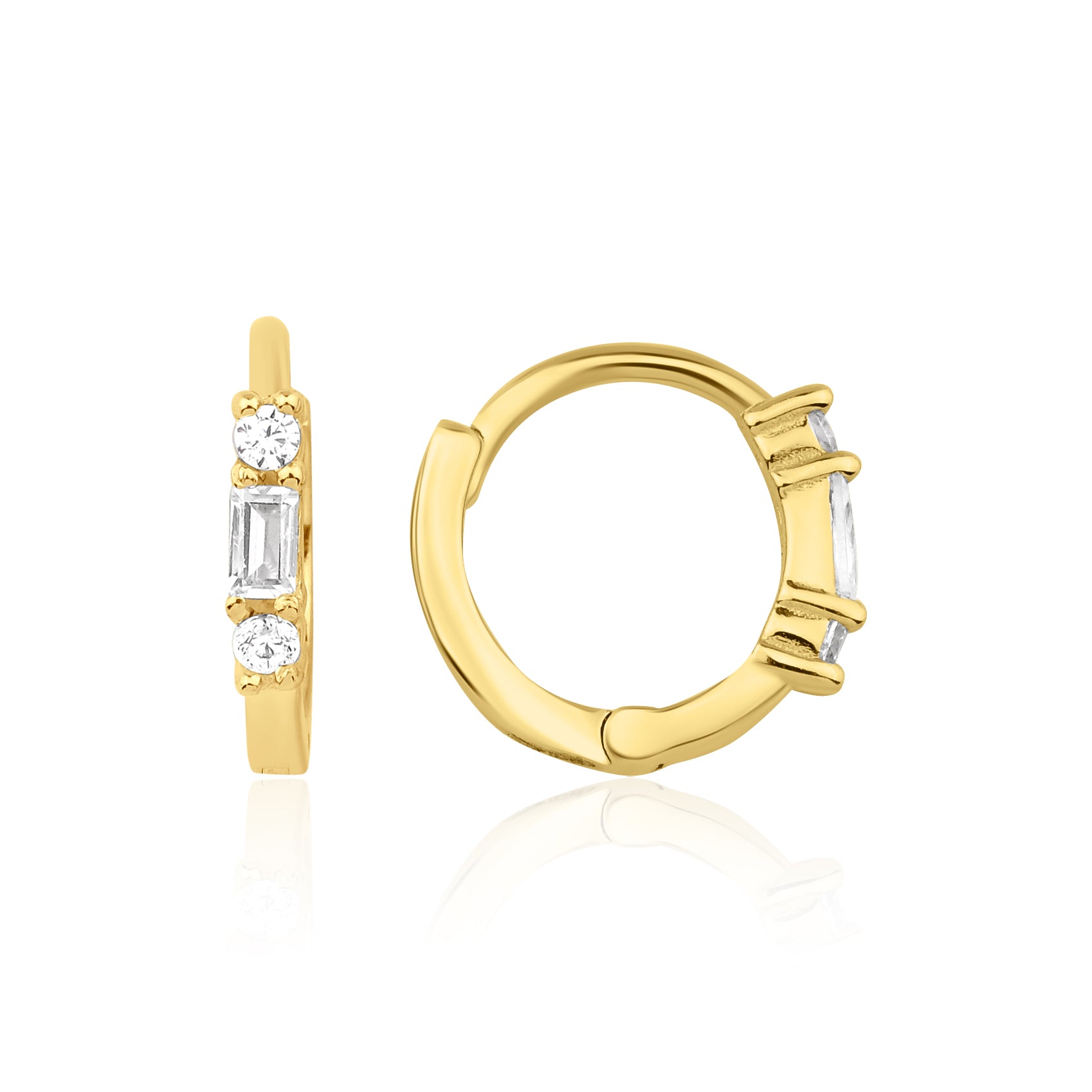 yellow gold huggie hoop earrings with a baguette-cut and round clear stones on white background
