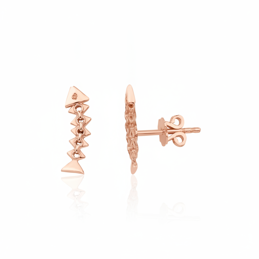 rose gold articulated fishbone stud earrings on white background