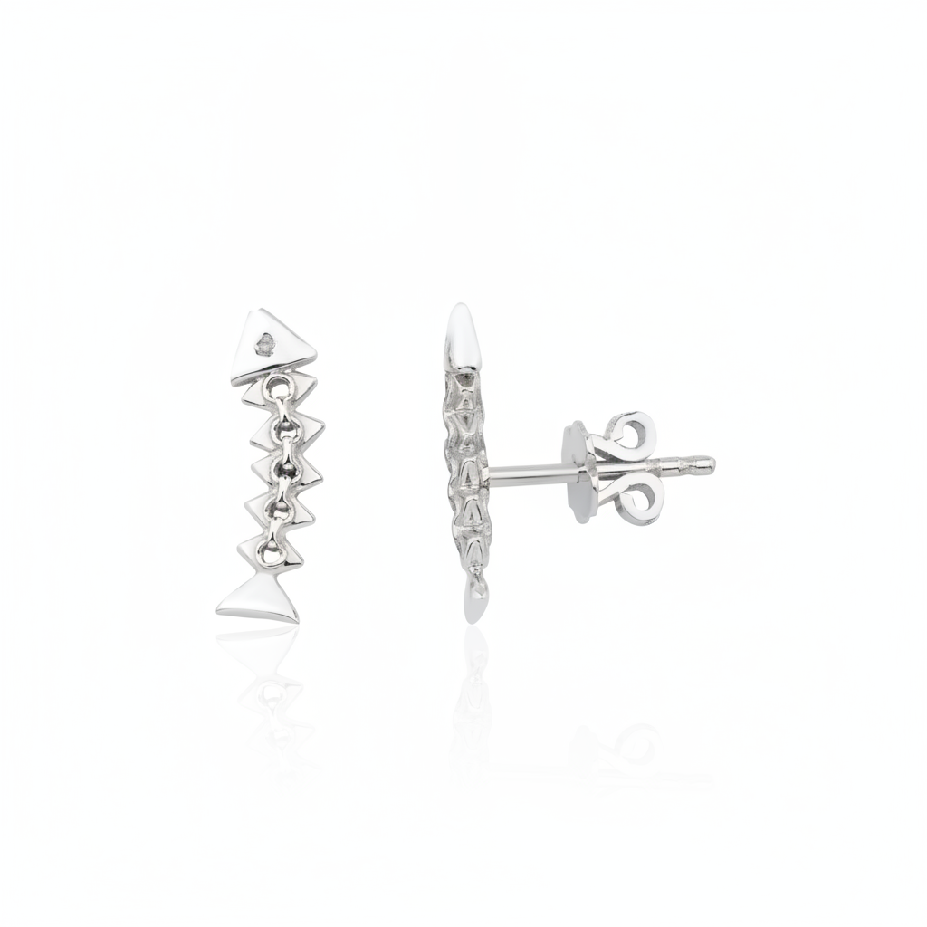 white gold articulated fishbone stud earrings on white background