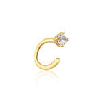 yellow gold open curve stud earrings with a single clear stone on white background