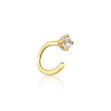 yellow gold open curve stud earrings with a single clear stone on white background
