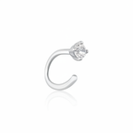 white gold open curve stud earrings with a single clear stone on white background