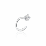 white gold open curve stud earrings with a single clear stone on white background