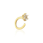 yellow gold open hoop earring with a floral cluster of clear stones on white background
