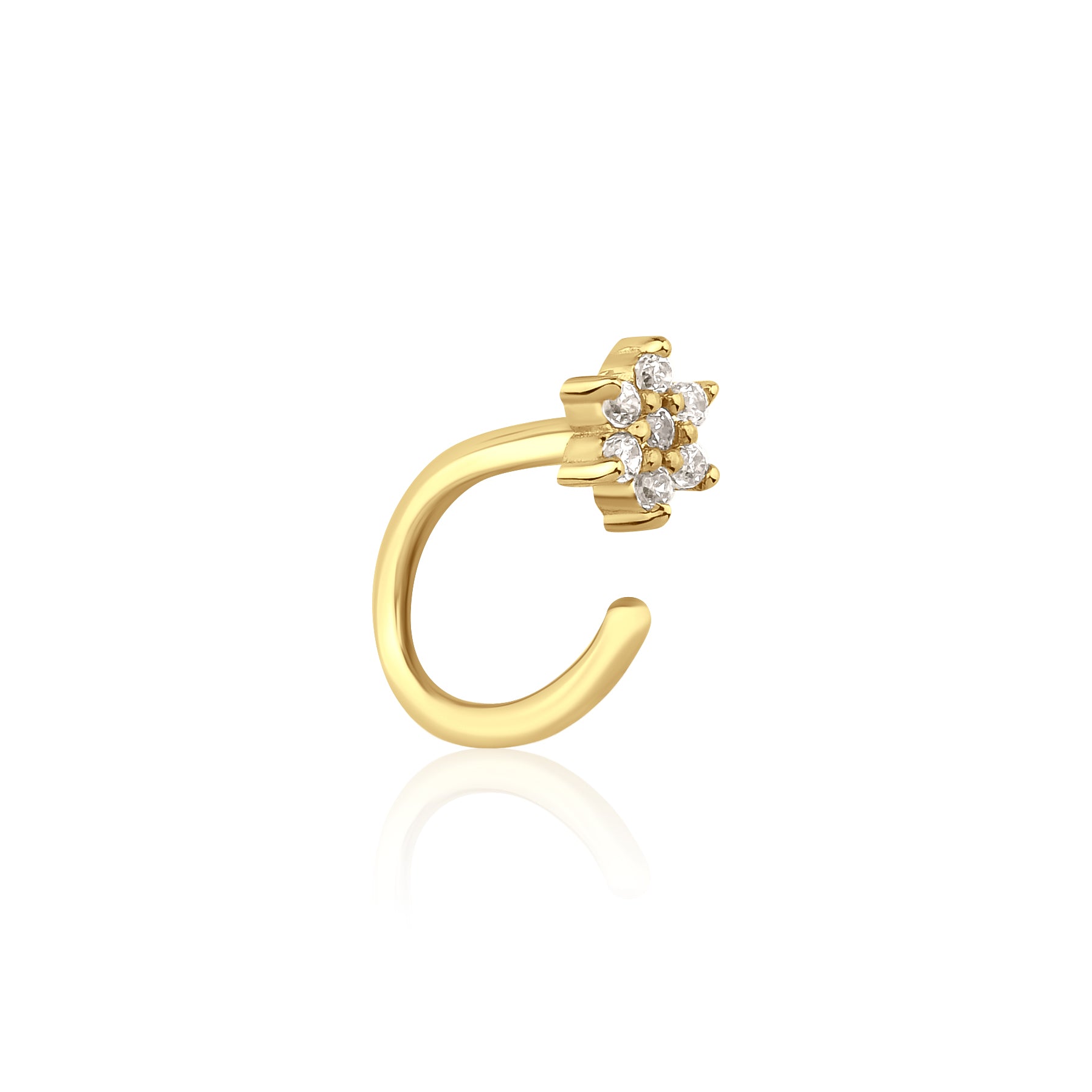 yellow gold open hoop earring with a floral cluster of clear stones on white background