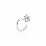 white gold open hoop earring with a floral cluster of clear stones on white background