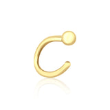yellow gold open arc stud earrings with a single sphere end on white background