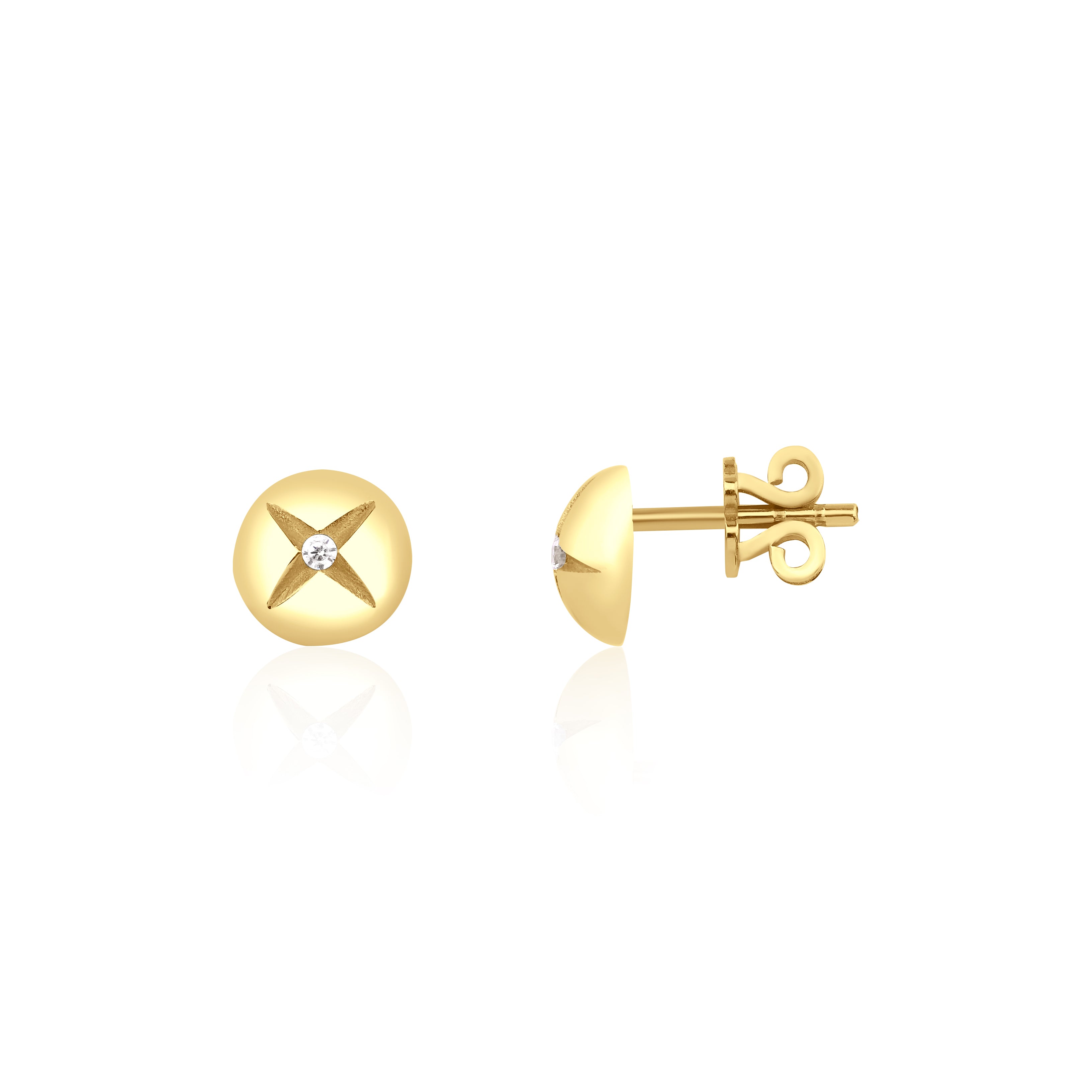 yellow gold star-etched dome stud earrings with a single clear stone on white background