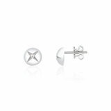 white gold star-etched dome stud earrings with a single clear stone on white background