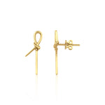 yellow gold knot stud earrings with linear drops on white background