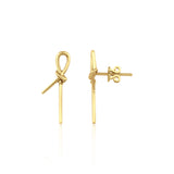 yellow gold knot stud earrings with linear drops on white background