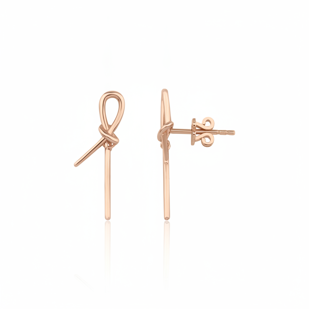 rose gold knot stud earrings with linear drops on white background