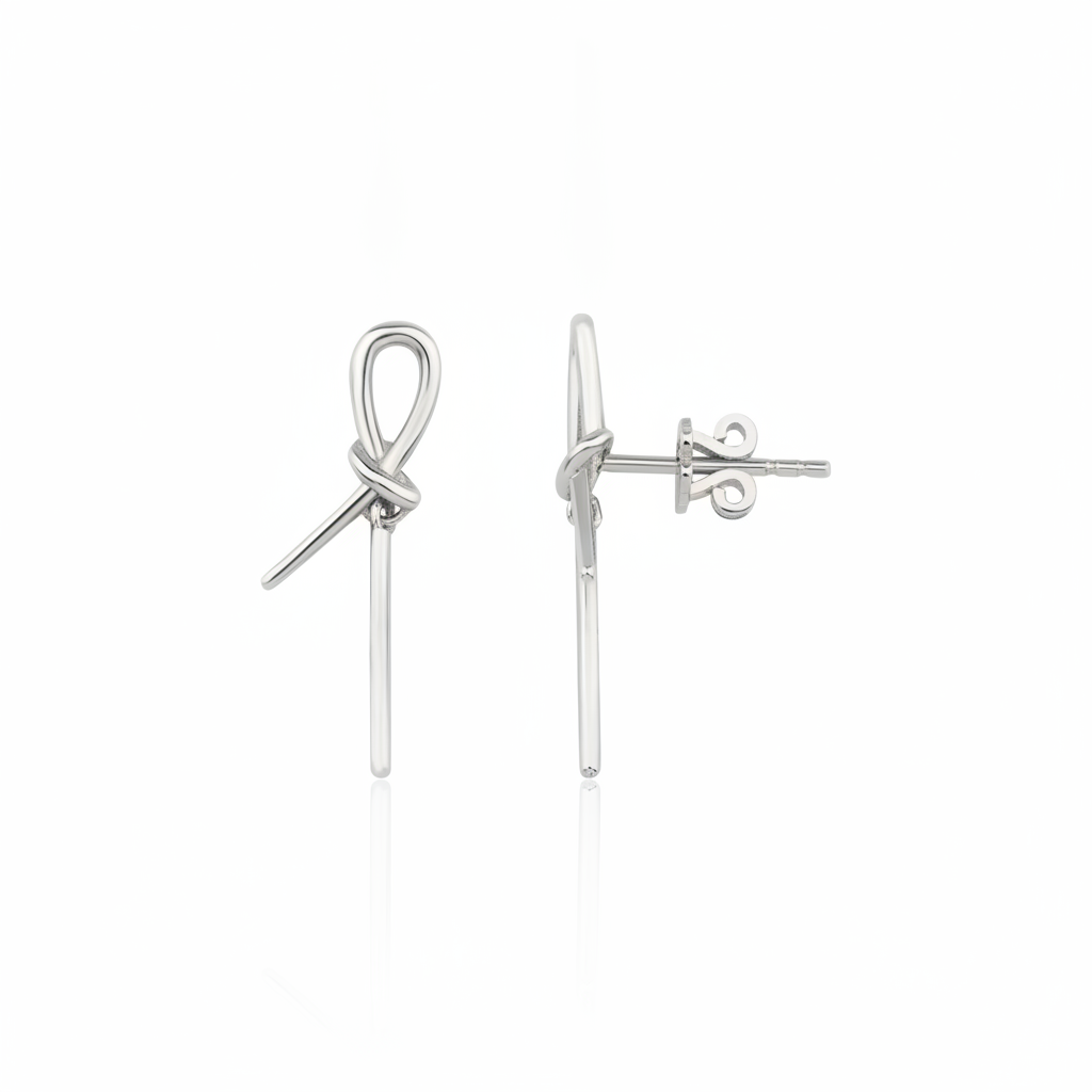 white gold knot stud earrings with linear drops on white background
