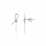 white gold knot stud earrings with linear drops on white background