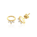 yellow gold open oval stud earrings with three clear stones on white background