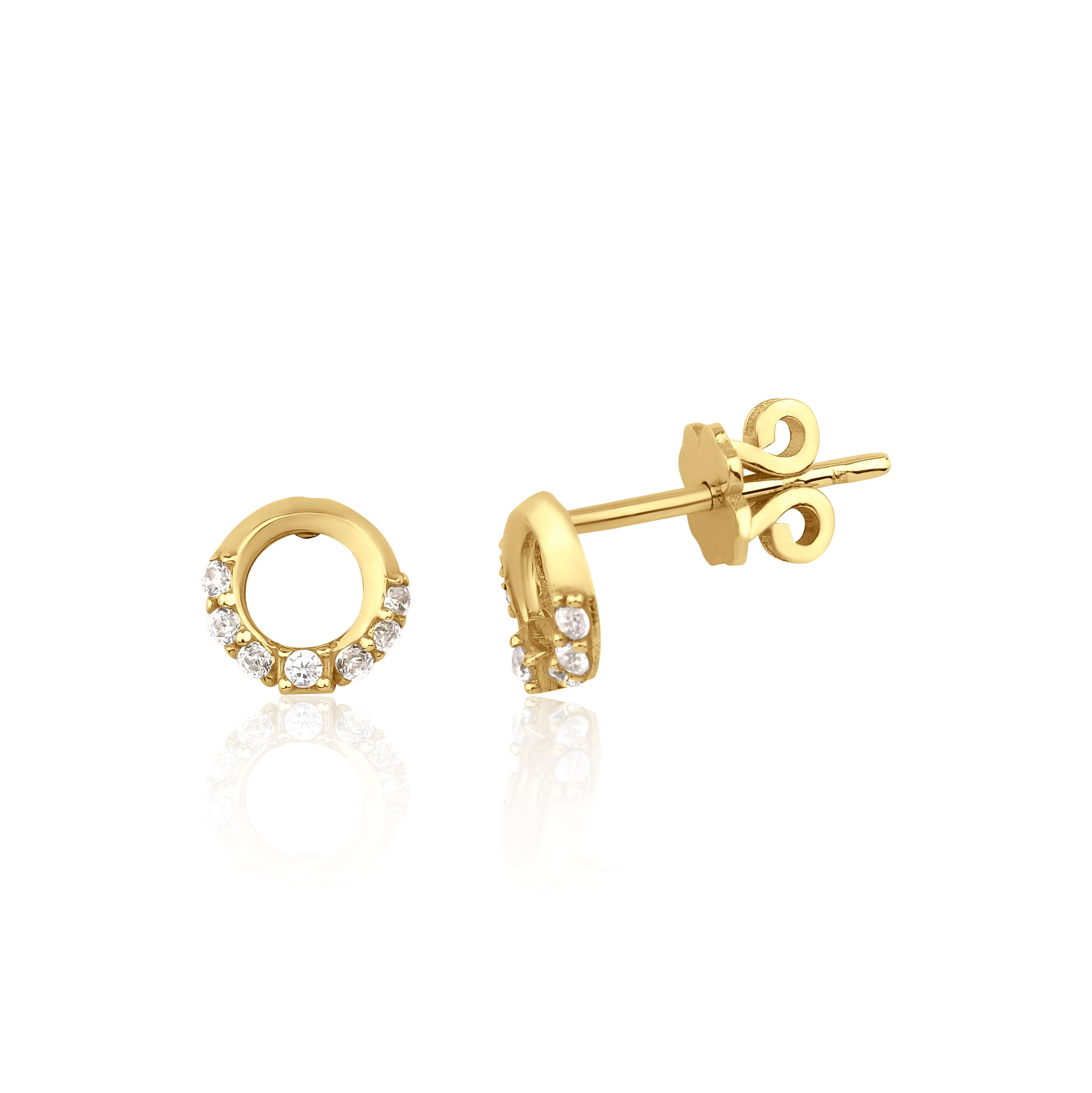 yellow gold open circle stud earrings with clear stones on white background