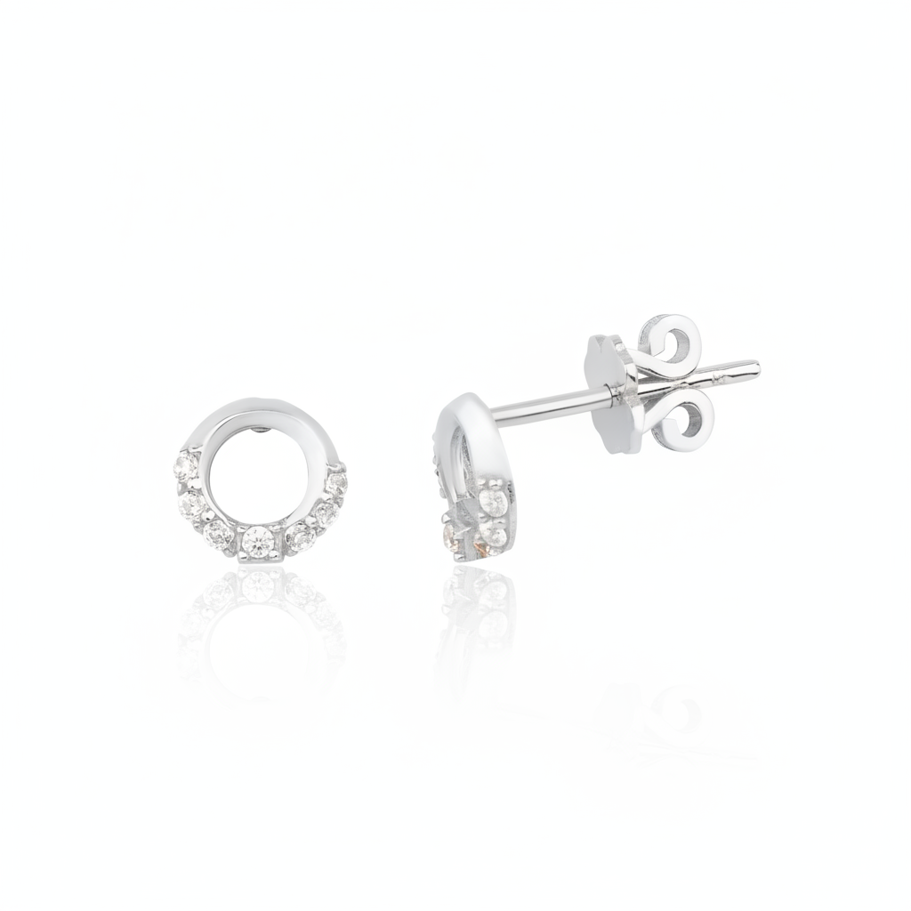 white gold open circle stud earrings with clear stones on white background