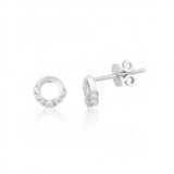 white gold open circle stud earrings with clear stones on white background
