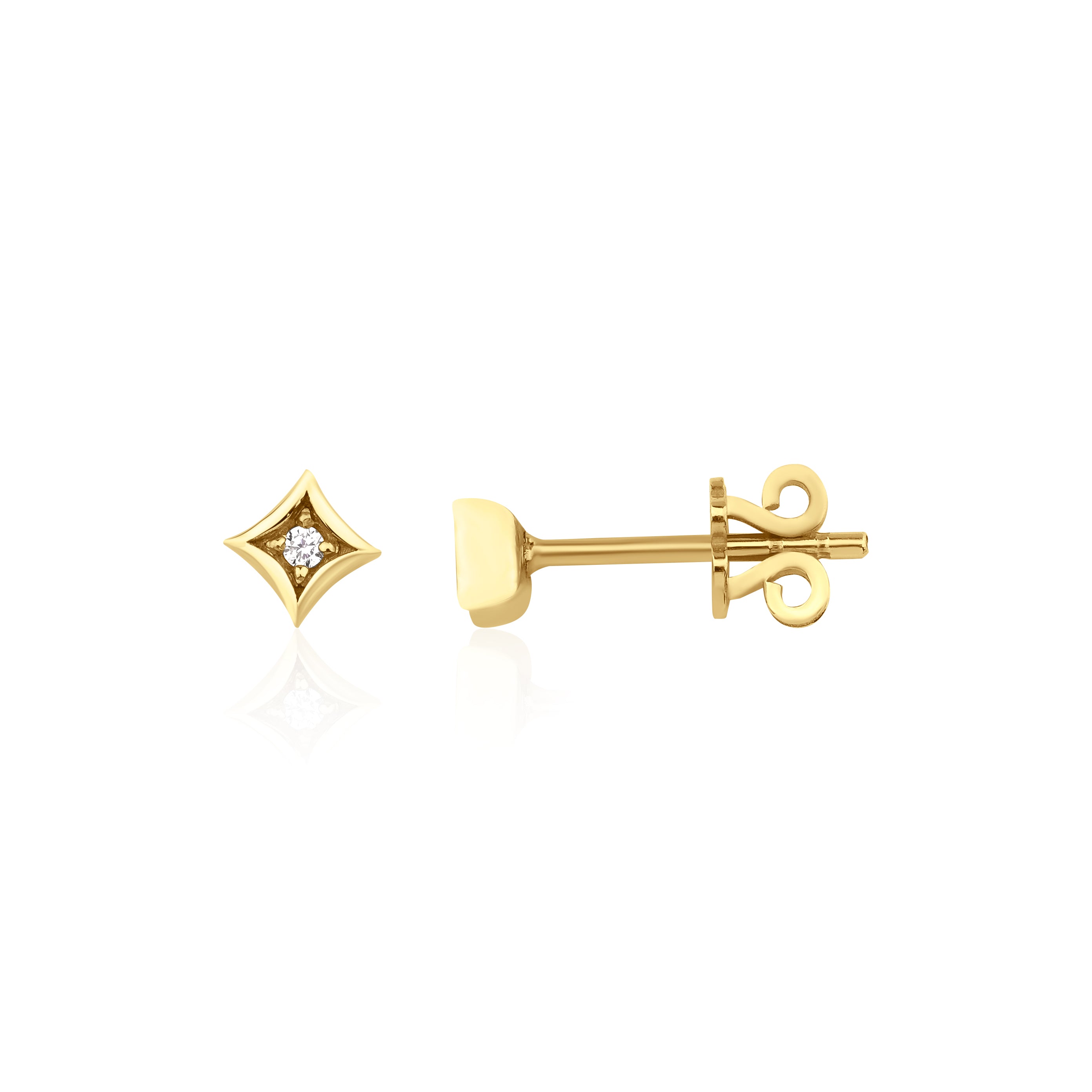 yellow gold star-shaped stud earrings with a single clear stone on white background