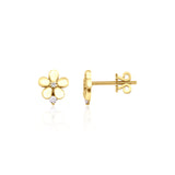 yellow gold flower stud earrings with clear stones on white background