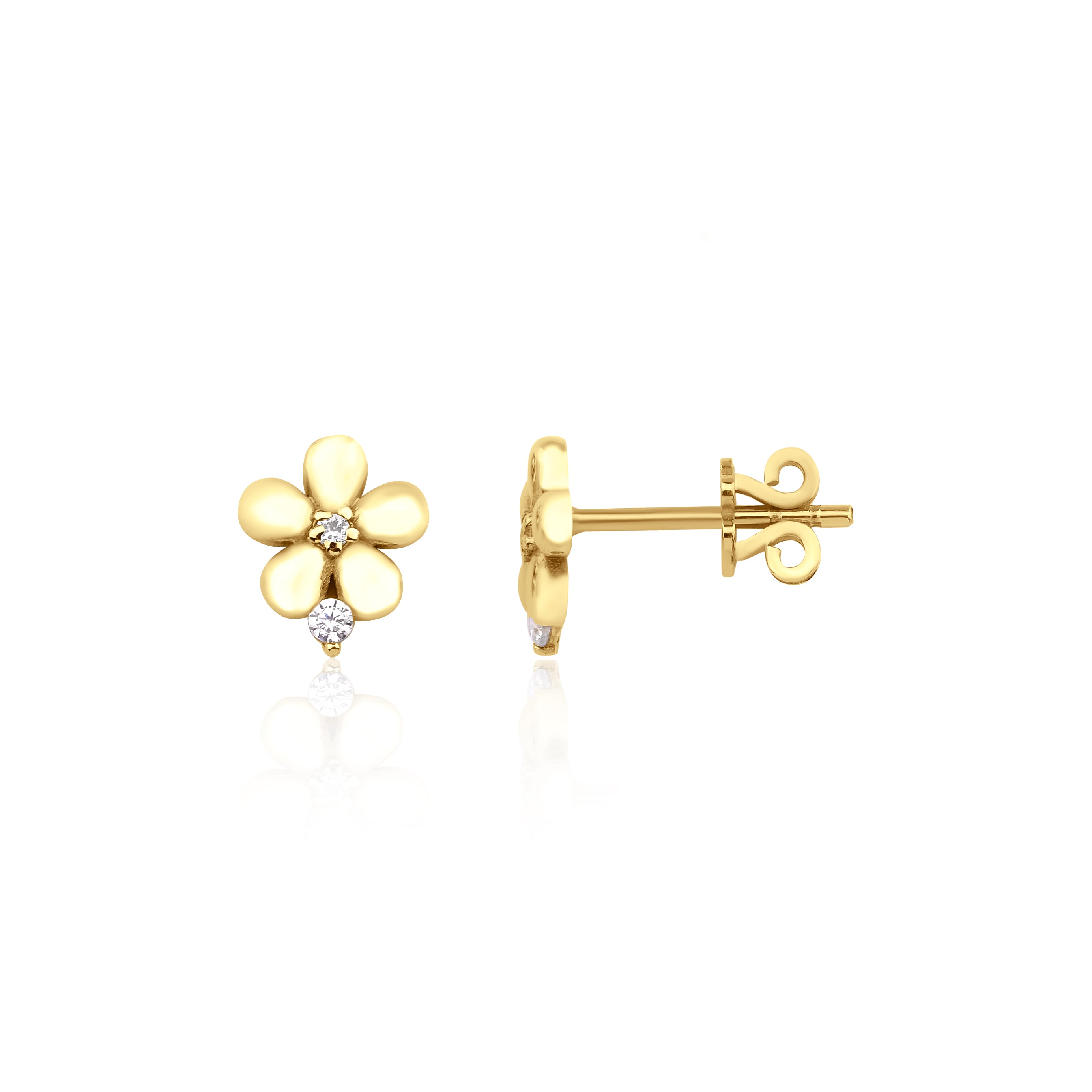 yellow gold flower stud earrings with clear stones on white background