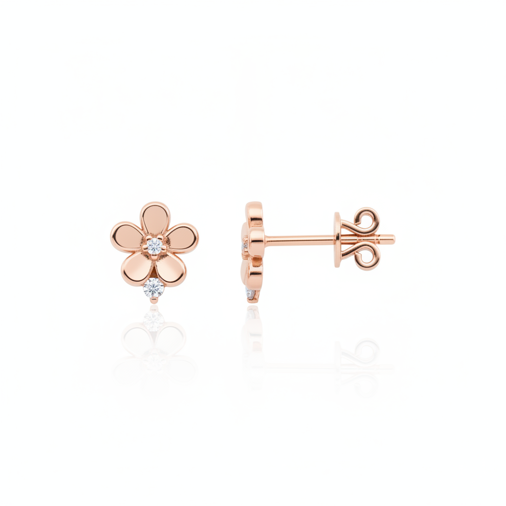 rose gold flower stud earrings with clear stones on white background