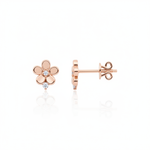 rose gold flower stud earrings with clear stones on white background